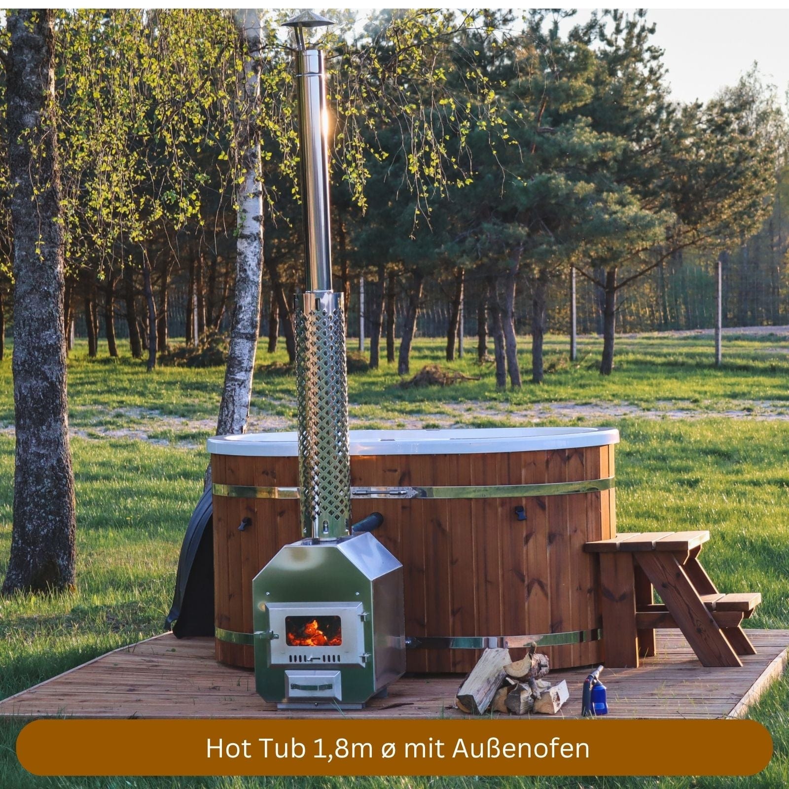 runder Hot Tub mit Aussenofen
