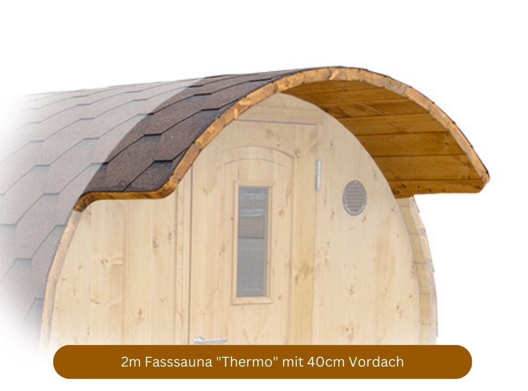 Baltresto 2m Fasssauna mit Elektroofen und aus Thermoholz, mit Vordach