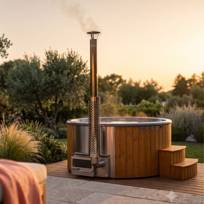 Hot Tub RUND 200 mit Acrylwanne und horizontalem Holzofen