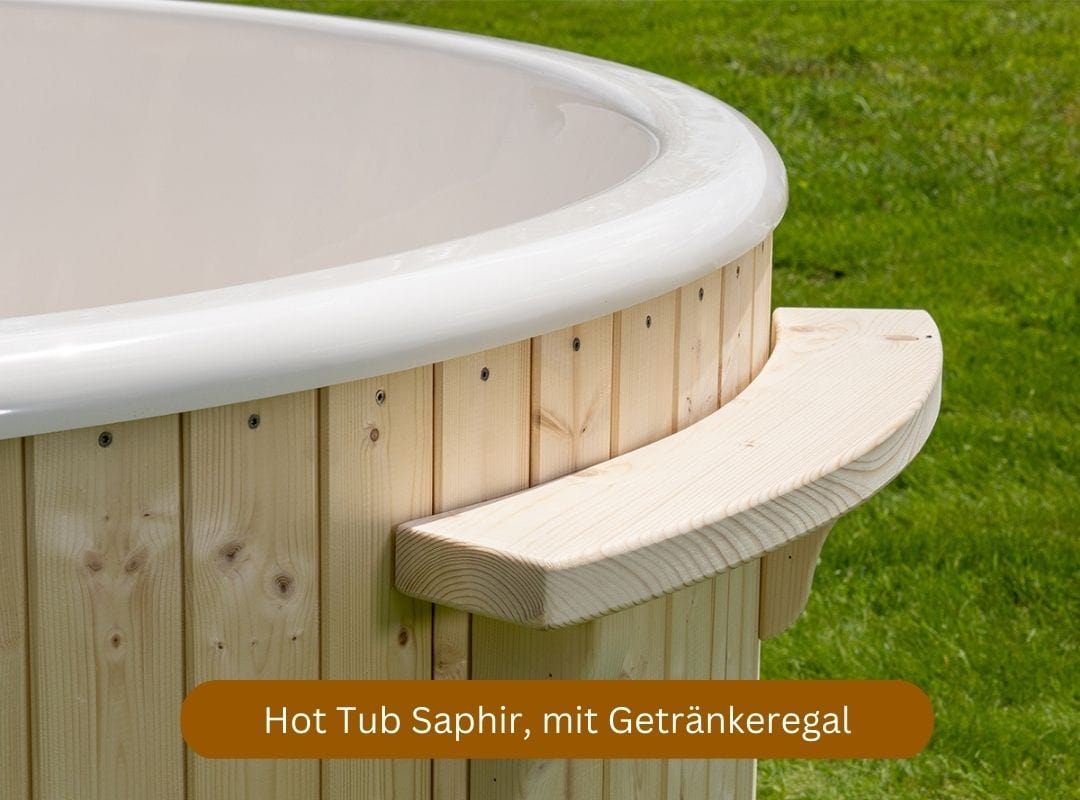Hot Tub Holzklusiv Saphir mit integriertem Holzofen, mit Getränkeregal