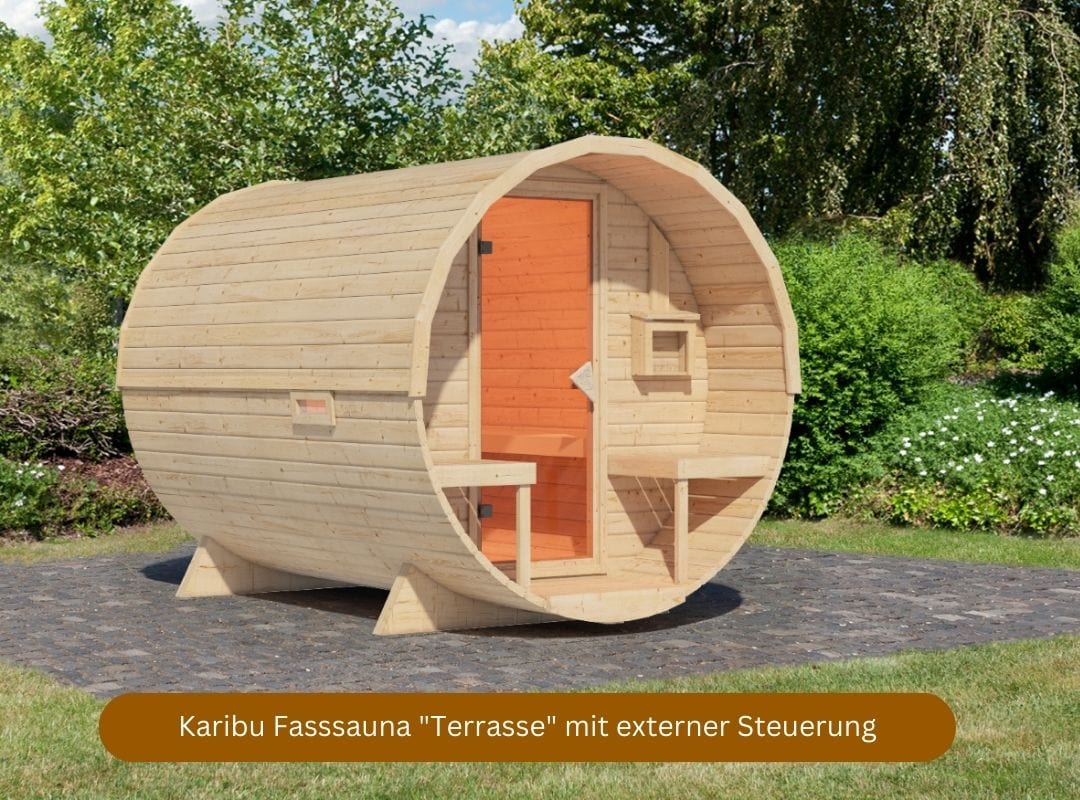Karibu Fasssauna Bausatz "Terrasse" mit Elektroofen und externer Steuerung