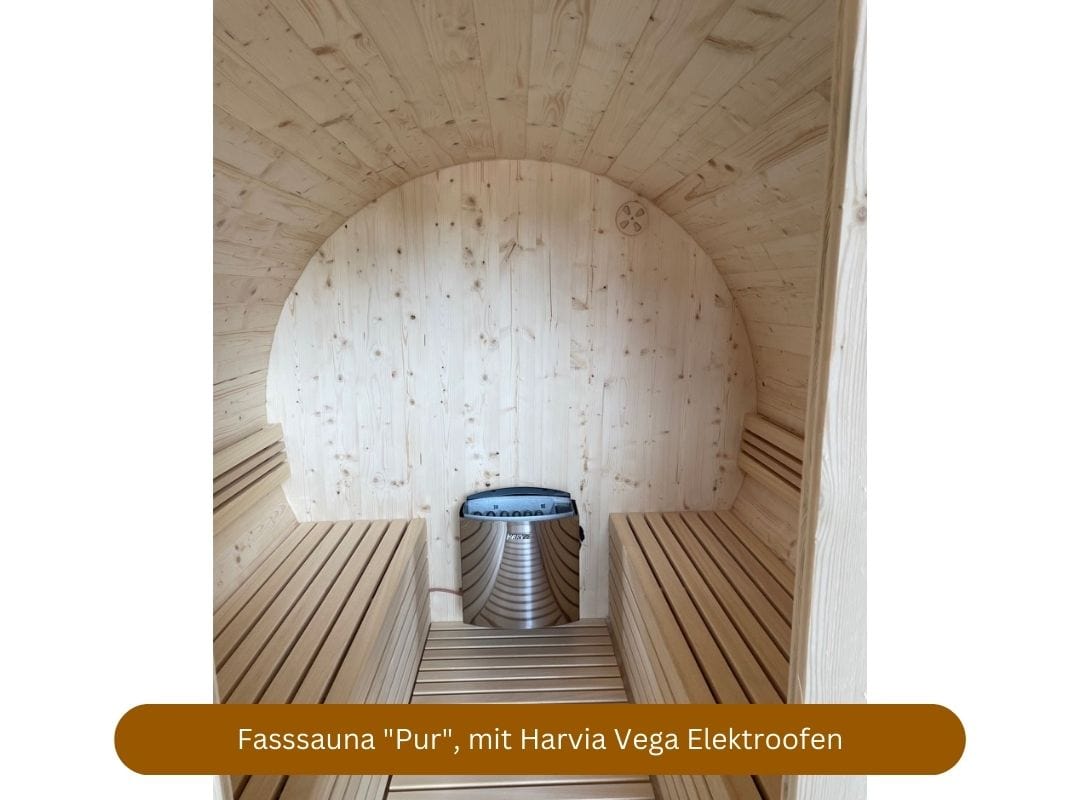 Fasssauna mit Elektroofen "Pur" von Holztechnik Montag, mit Elektroofen Harvia Vega
