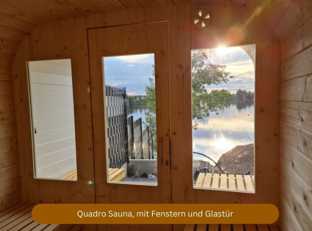 Quadro Sauna mit Elektroofen, fertig montiert, mit Glastür und Fenstern