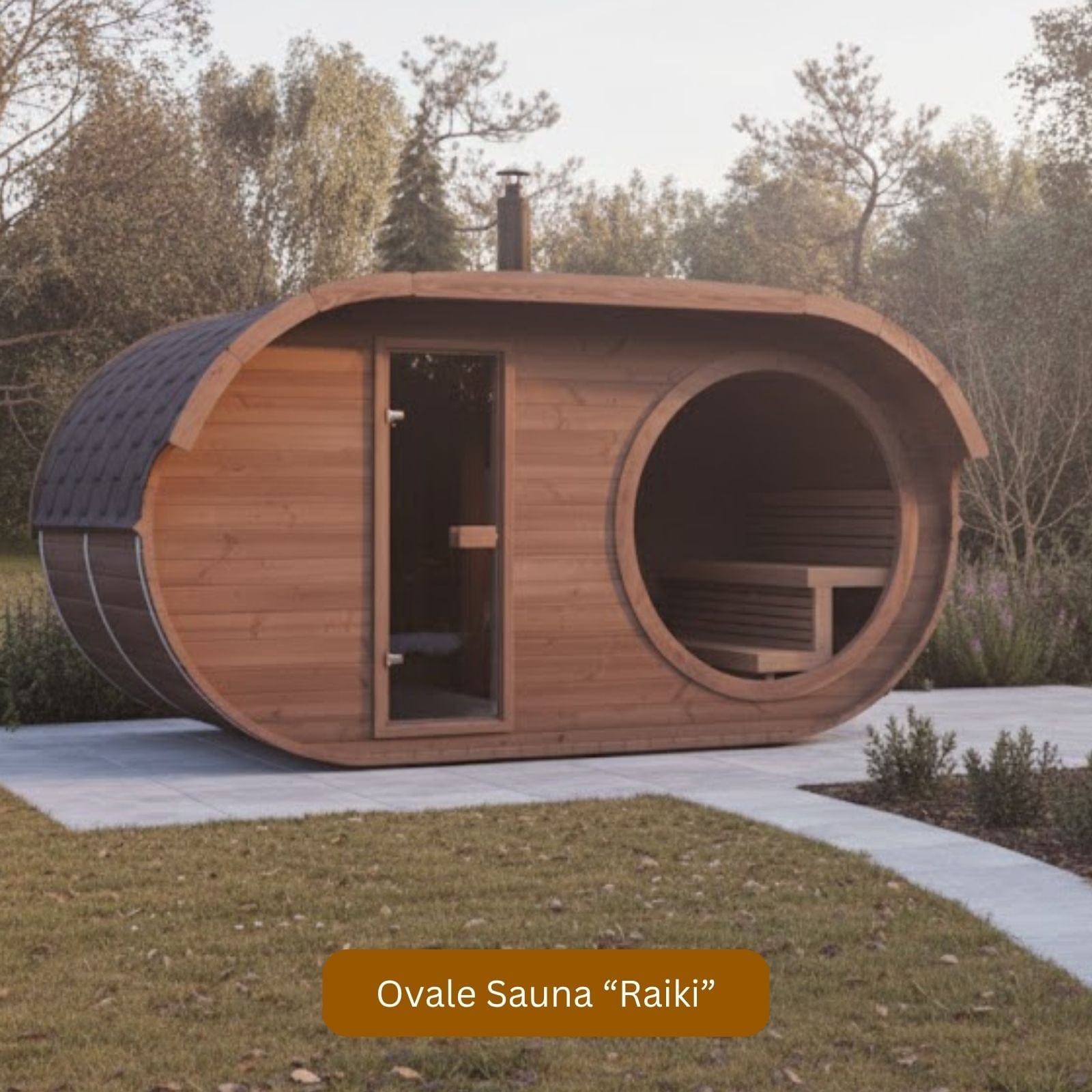 ovale Sauna mit Holzofen Raiki