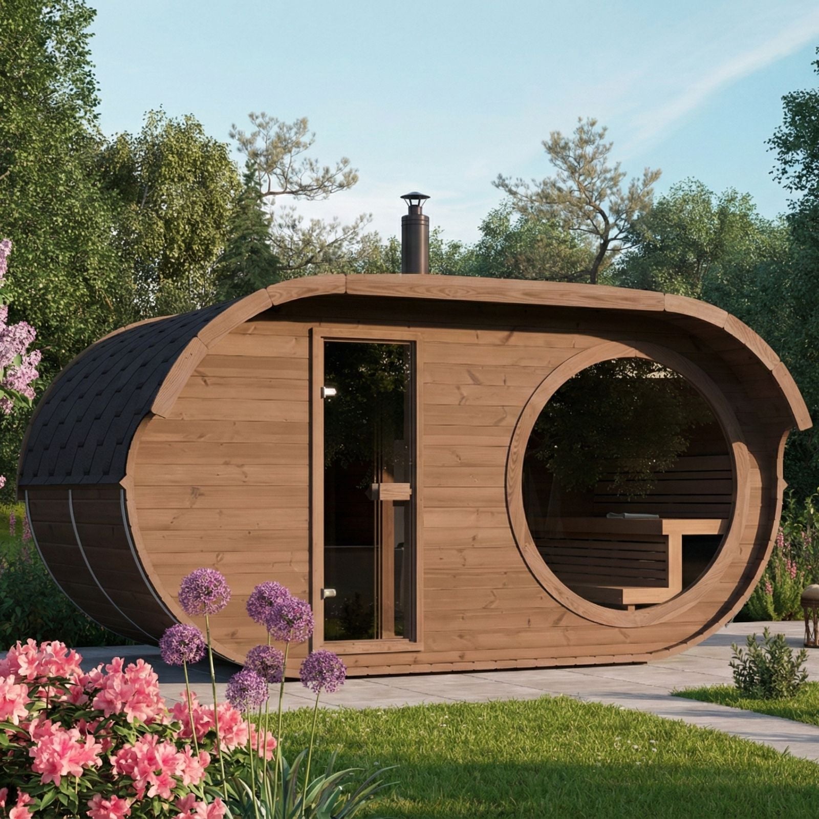 ovale Sauna Raiki, ideal für 4 Personen, mit Vorraum