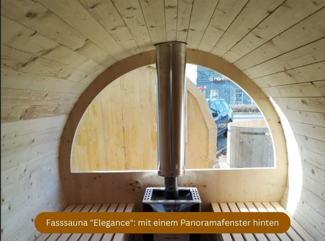 Fassauna mit Holzofen "Elegance", ideal als Ferienhaus Sauna, mit Panoramafenster