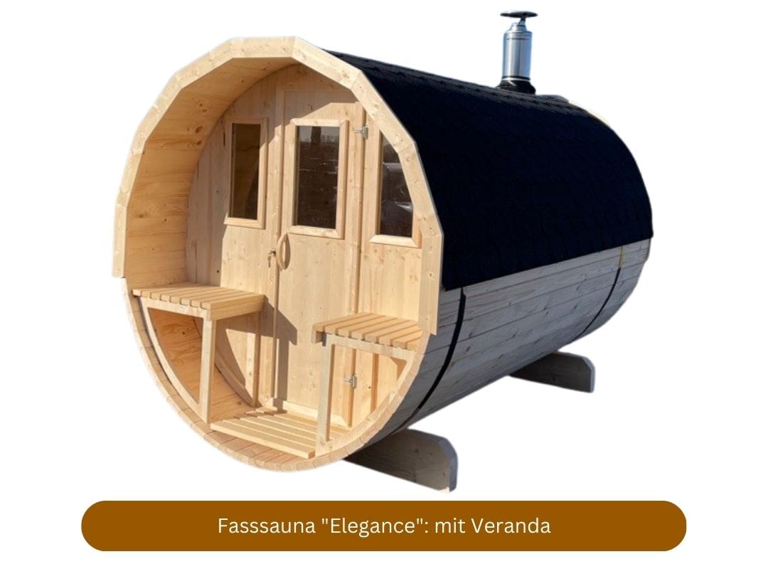 Fassauna mit Holzofen "Elegance", ideal als Ferienhaus Sauna, mit terrasse