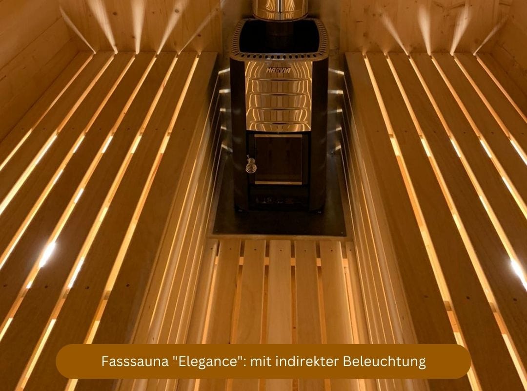 Fassauna mit Holzofen "Elegance", ideal als Ferienhaus Sauna, mit indirekter Beleuchtung