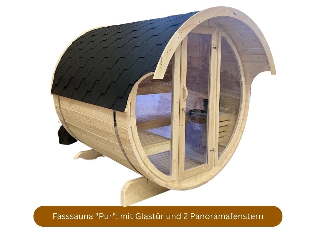 Holztechnik Montag Fasssauna mit Holzofen, Modell Pur, mit Vollglasfront